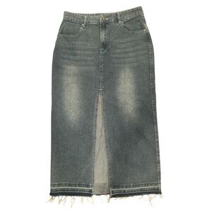 Denim Maxi Skirt with Front Slit Size 9(28) Boho Festival Casual Distressed